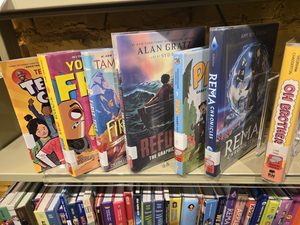 a variety of graphic novels on a library bookshelf